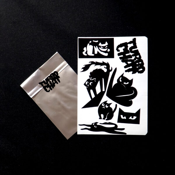 Pochette 7 stickers vinyle noir "Turbo chat"